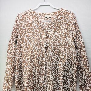 LOFT Cream and Tan Leopard-Print Button Front Blouse